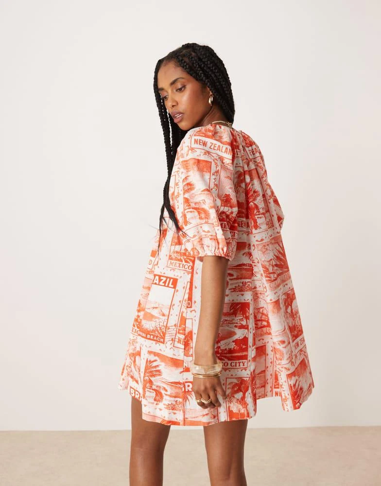 ASOS ASOS DESIGN puff sleeve cotton poplin mini dress in red postcard print 3