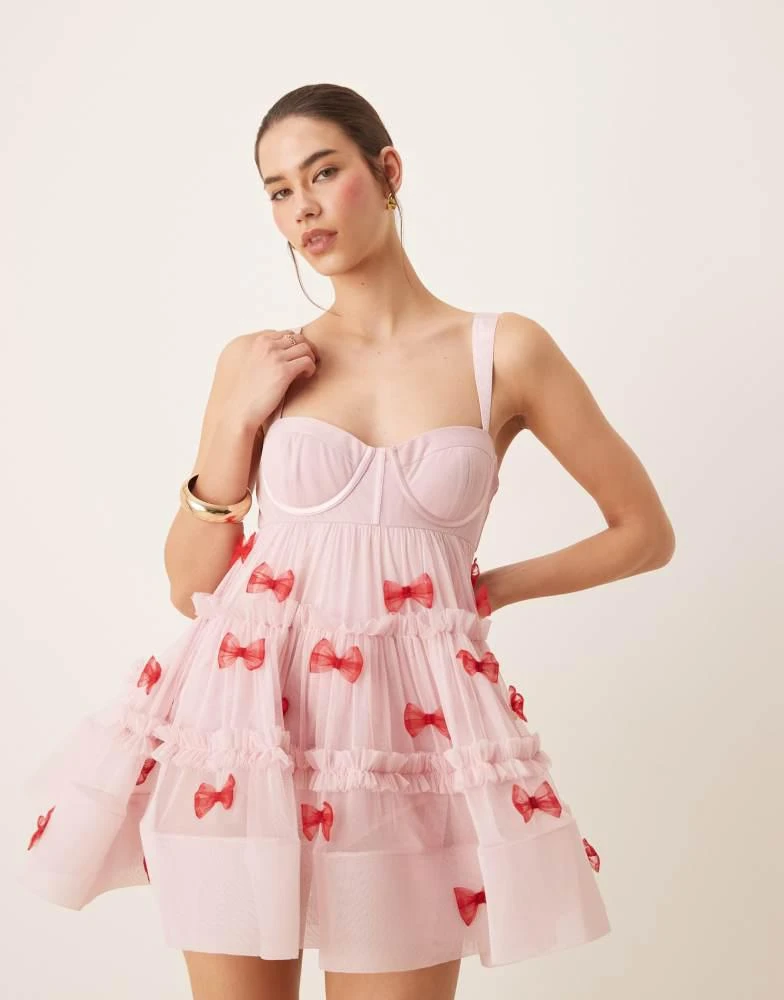 Lace & Beads Lace & Beads bow applique babydoll mini dress in pink and red 2