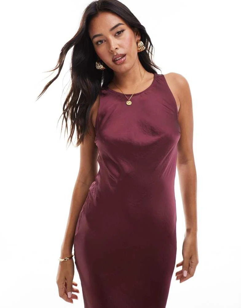 Stradivarius Stradivarius satin midi dress in burgundy 4