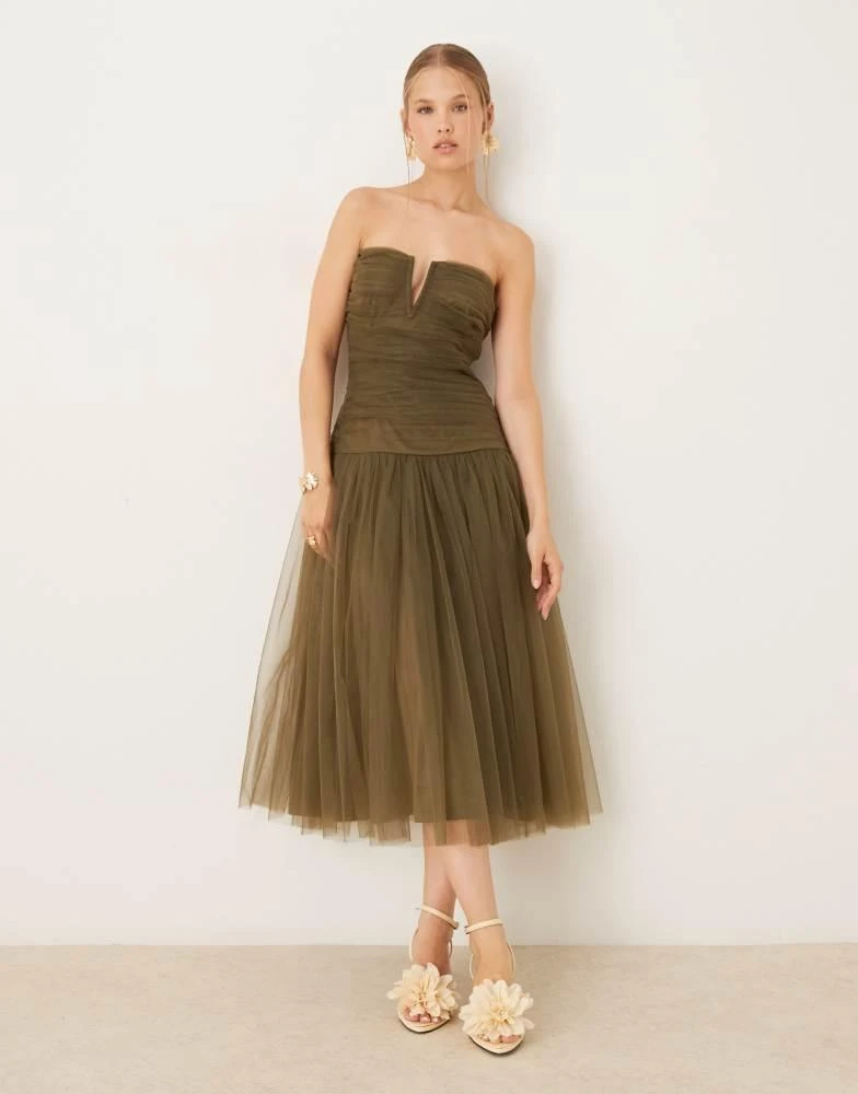 Lace & Beads drop hem tulle midaxi dress in deep olive  On Sale Now with  Up to 65% Off | Discover Exclusive Deals & Savings at BeyondStyle   Authentic Lace &