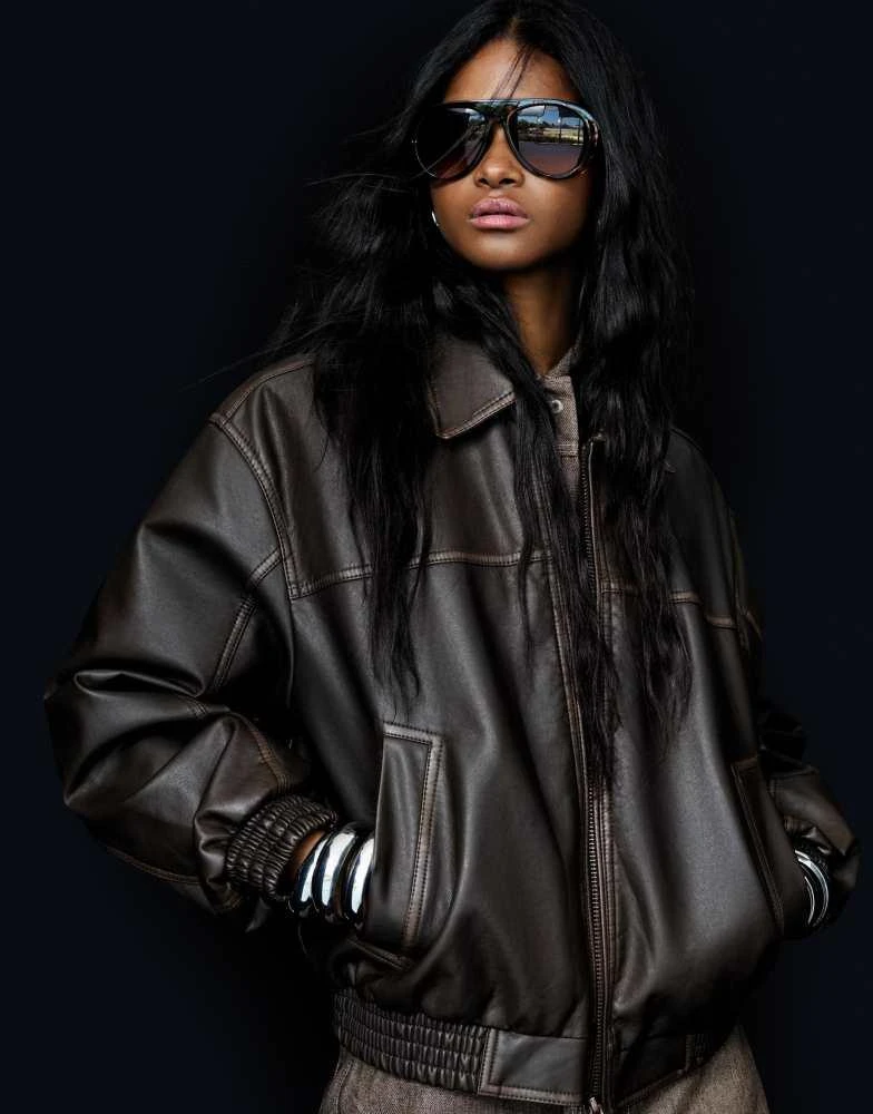 Bershka Bershka faux leather oversized jacket in brown