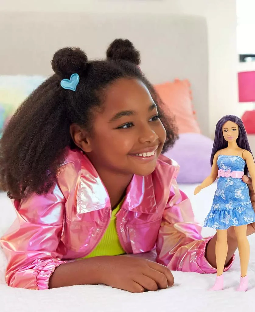 Barbie Fashionistas Doll 231 in Denim Butterfly Dress with Pink Belt, Purple Hair 2