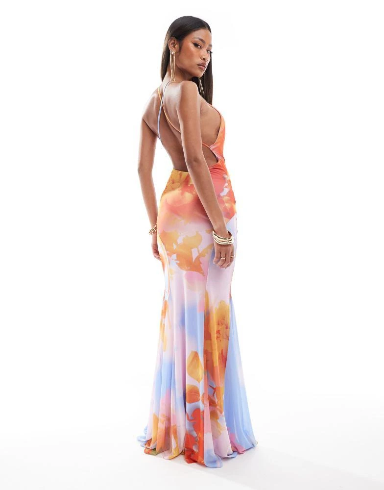 ASOS ASOS DESIGN mesh plunge maxi dress with full godet skirt in abstract floral print 4