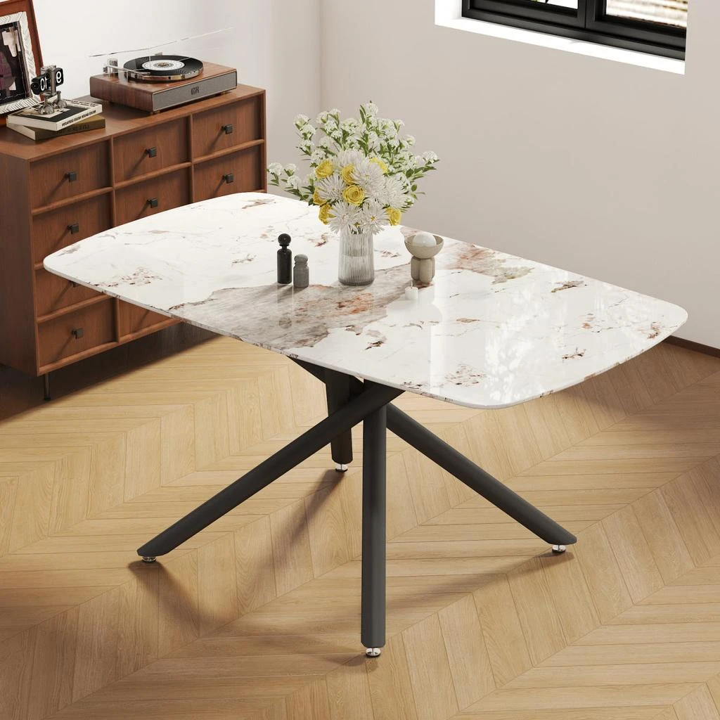Streamdale Furniture Streamdale Luxurious White Marble Dining Table with Black Metal Legs.