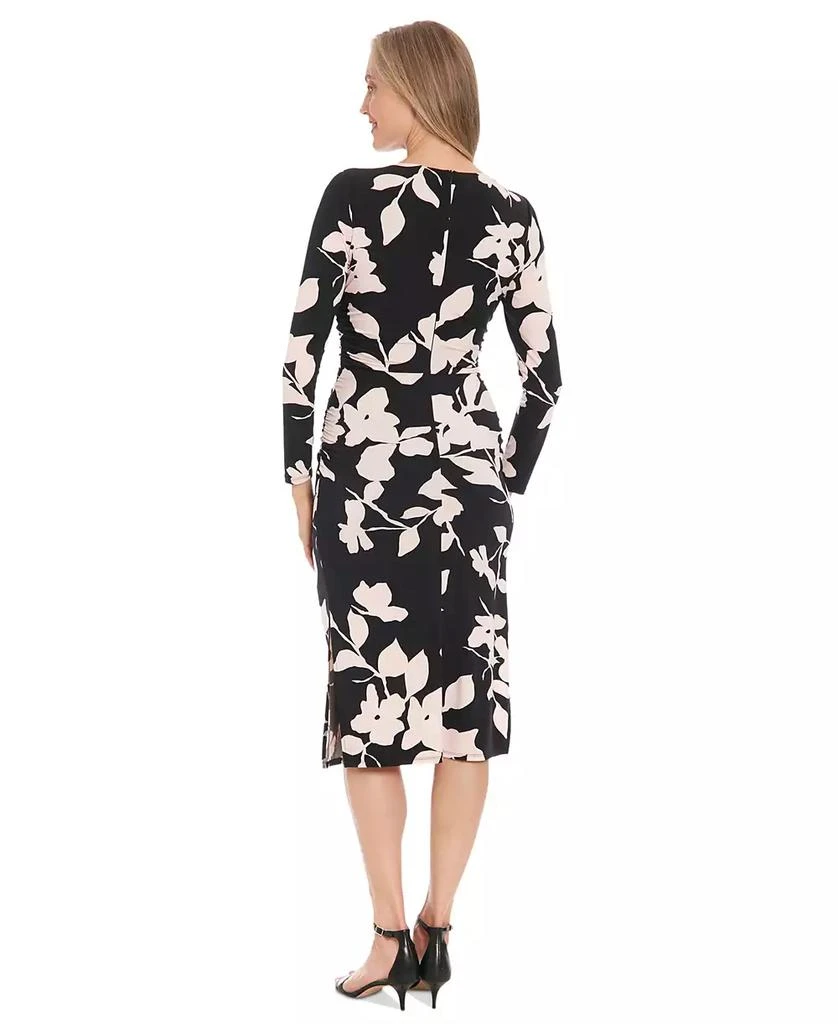 London Times Petite Floral Side-Ruched Long-Sleeve Midi Dress 2