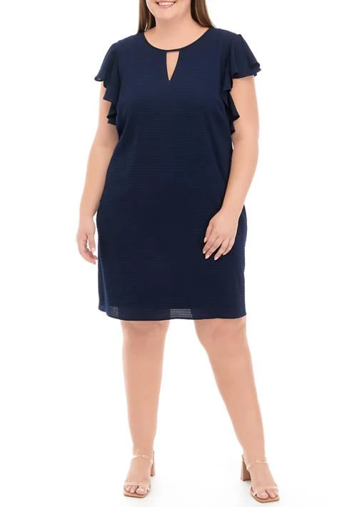 Jessica Howard Howard Plus Size Short Ruffle Sleeve Keyhole Knit Solid Sheath Dress 1