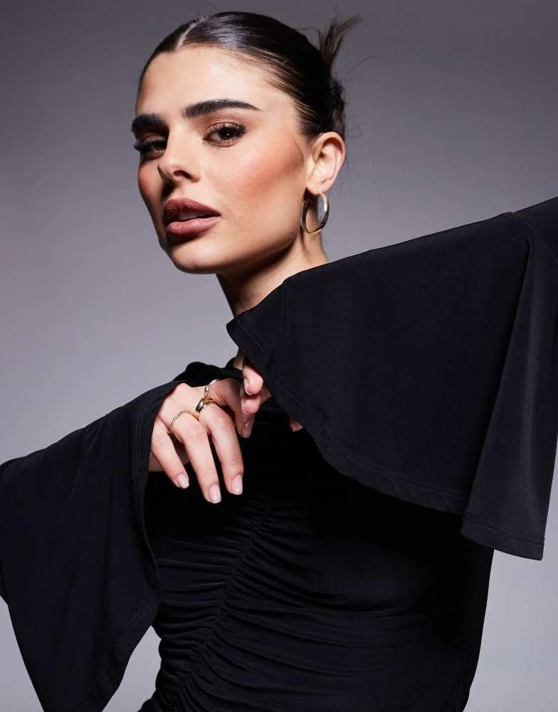 ASOS ASOS DESIGN asymmetric gathered flared long sleeve top in black 2