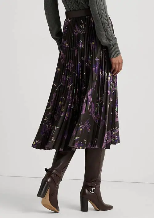 Ralph Lauren Petite Floral Pleated Satin Charmeuse Skirt 2