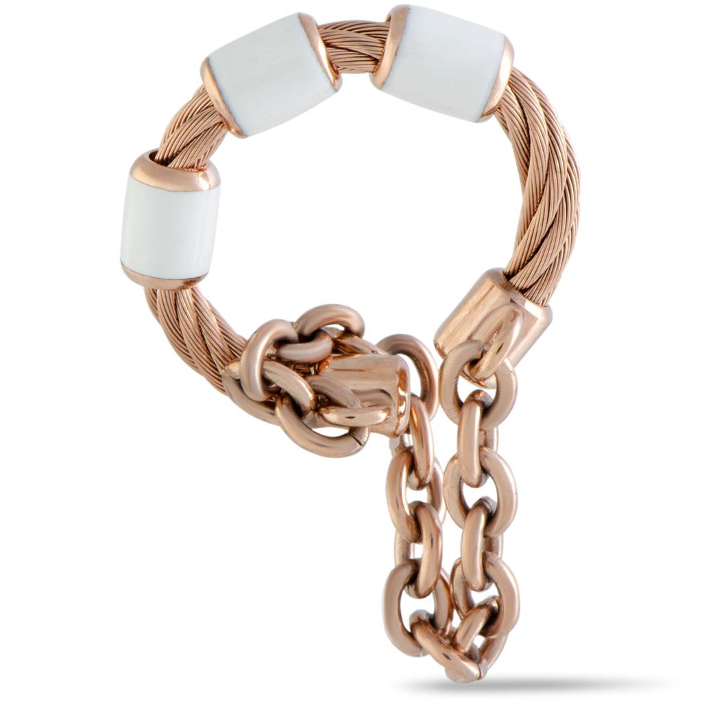 Charriol St. Tropez Stainless Steel and Pink PVD White Enamel Cable and Chain Band Ring