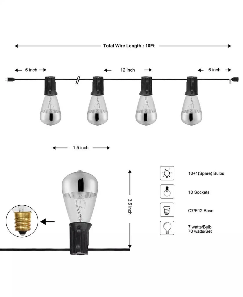 JONATHAN Y 10-Light Indoor and Outdoor Rustic Industrial Incandescent C7 Half-Chrome Bulb String Lights 5