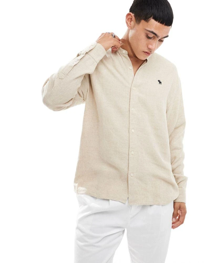 Abercrombie & Fitch Abercrombie & Fitch chic moose logo banded collar linen shirt in beige 2