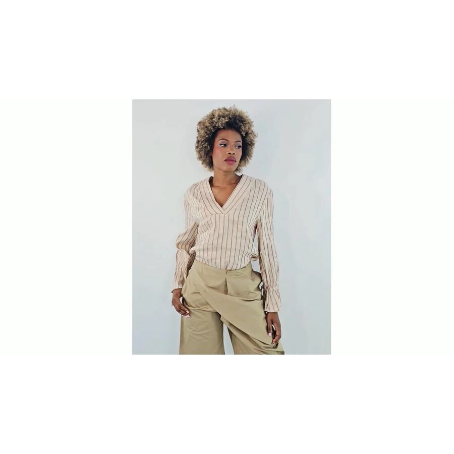 Benjamin Benmoyal Ladies Beige Stiped Linen V Collar Shirt