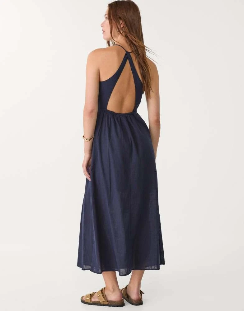 navy blue dress for baby girl Backless Linen-Blend Midi Dress Blue for Women main image 1