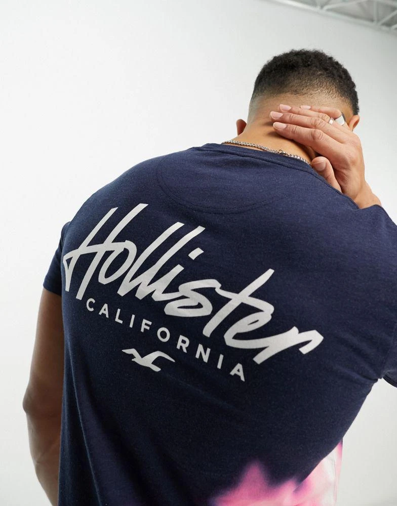 Hollister Hollister chest & back logo acid wash ombre longline t-shirt in blue 1