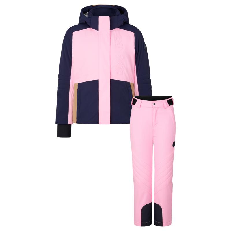 Bogner Color block pink and navy girls hooded ski jacket and pants set