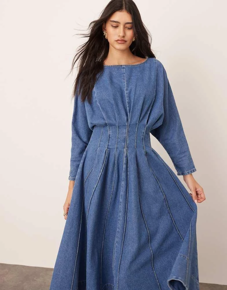 ARRANGE ARRANGE denim long sleeve midi dress with full skirt in mid blue 3