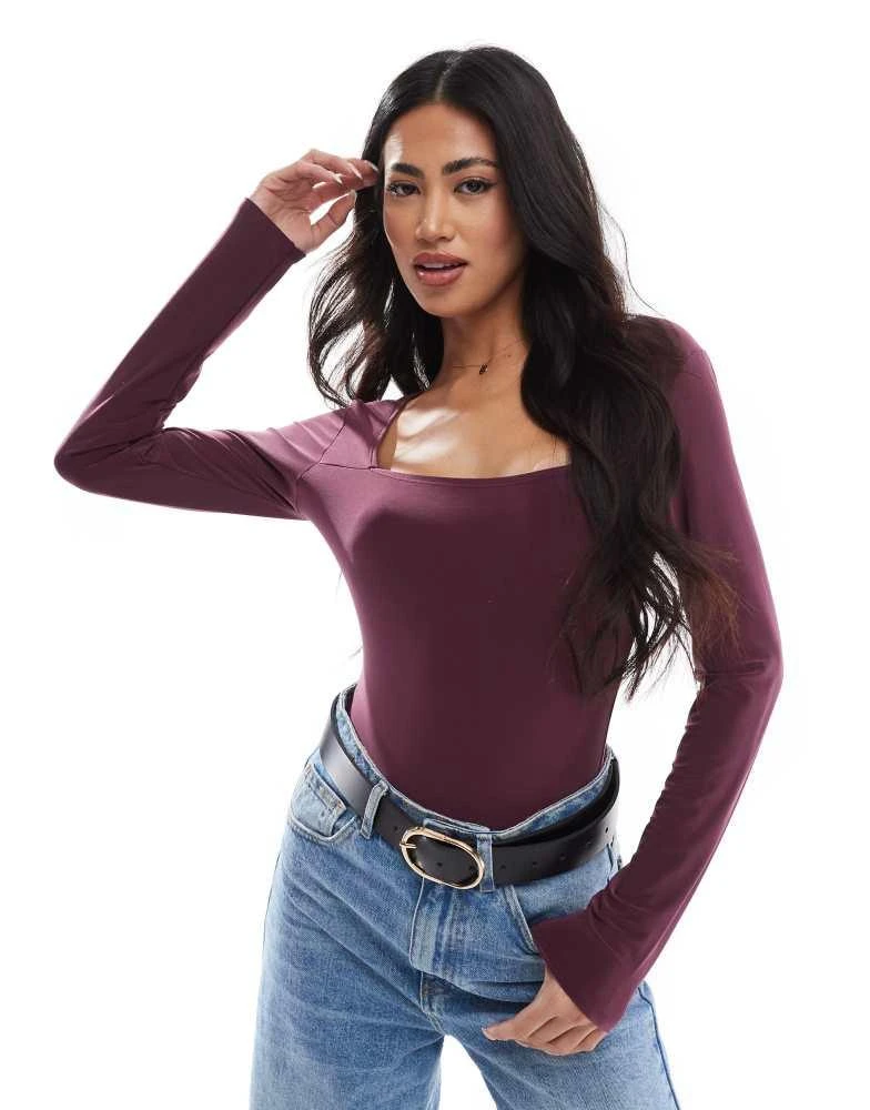 Miss Selfridge Miss Selfridge square neck long sleeve bodysuit in burgundy 1