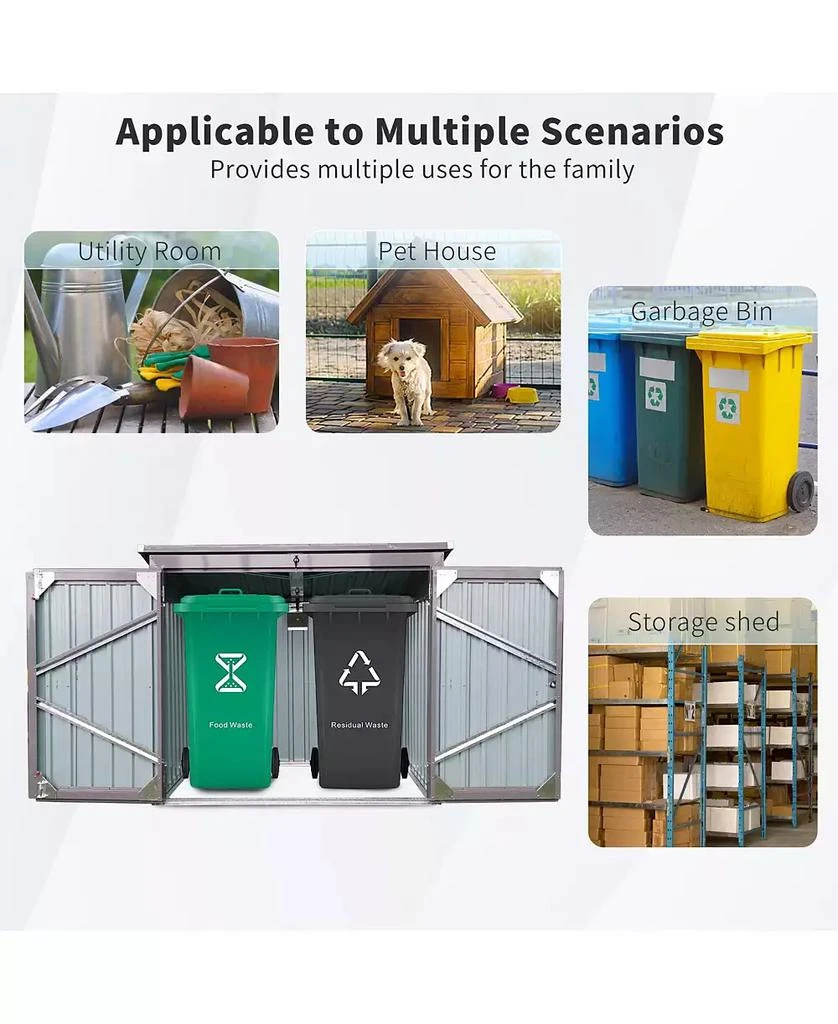 LUCKY ONE Mondawe 62"x40"x52"Stainless Galvanized Steel Bin Shed Stores 2 Trash Cans for Garbage Storage 2