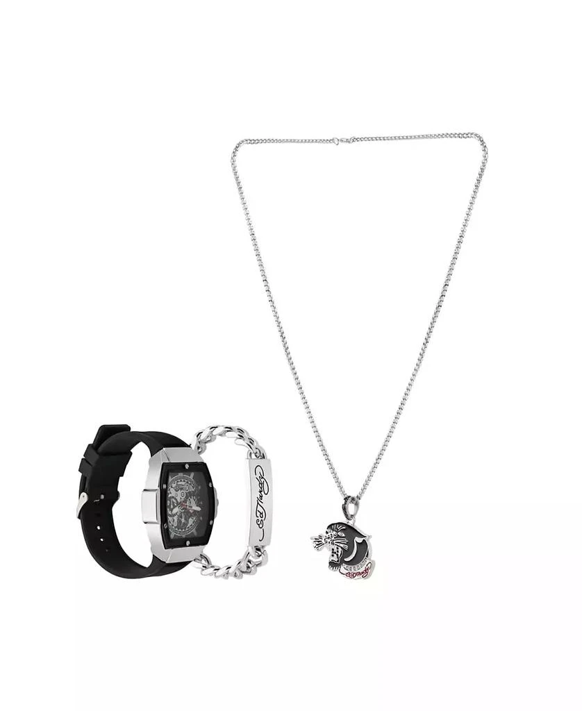 Ed Hardy Men's Black Textured Silicone Strap Watch 48mm Gift Set 3