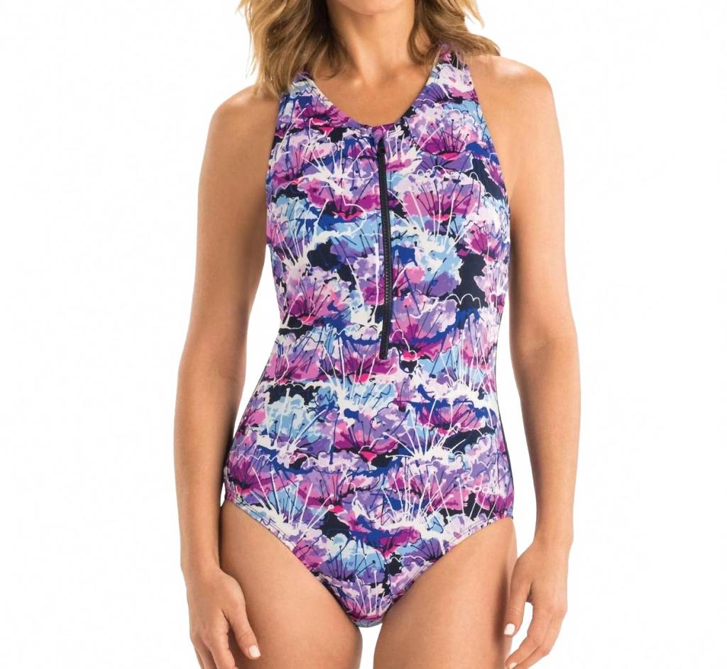 Dolfin Chlorine Resistant Zip Up Racerback One Piece Swimsuit In Dol Lotus