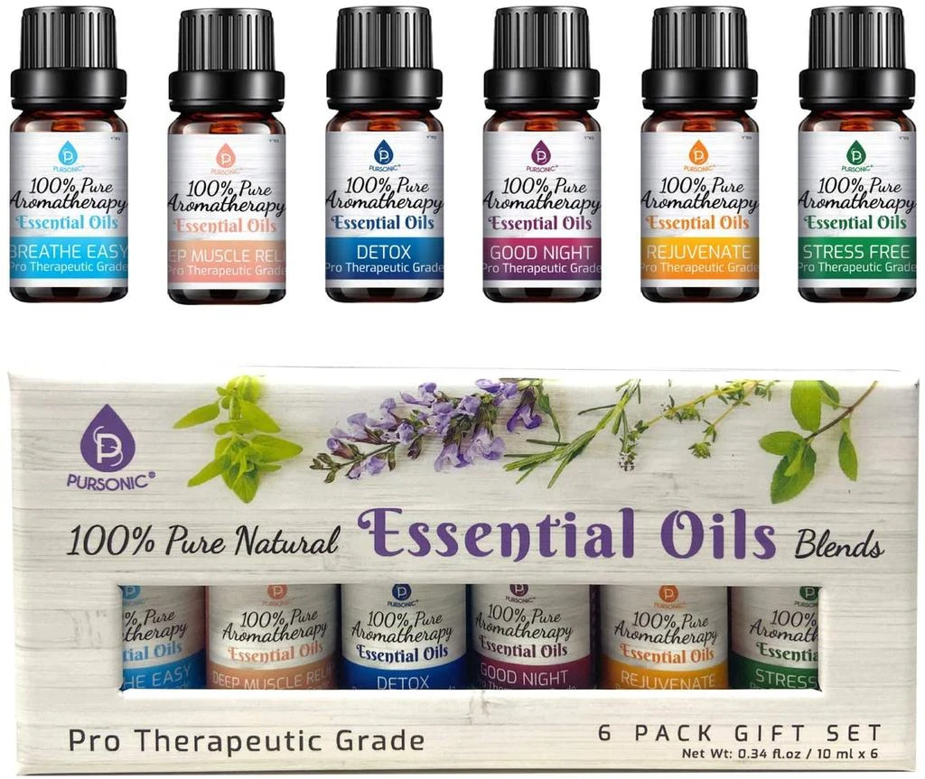 PURSONIC 100% Pure Essential Aromatherapy Oils Blends Gift Set-6 Pack , 10ML(Breath Easy,Deep Muscle Relief,Detox,Good Night,Rejuvenate,Distress) 2