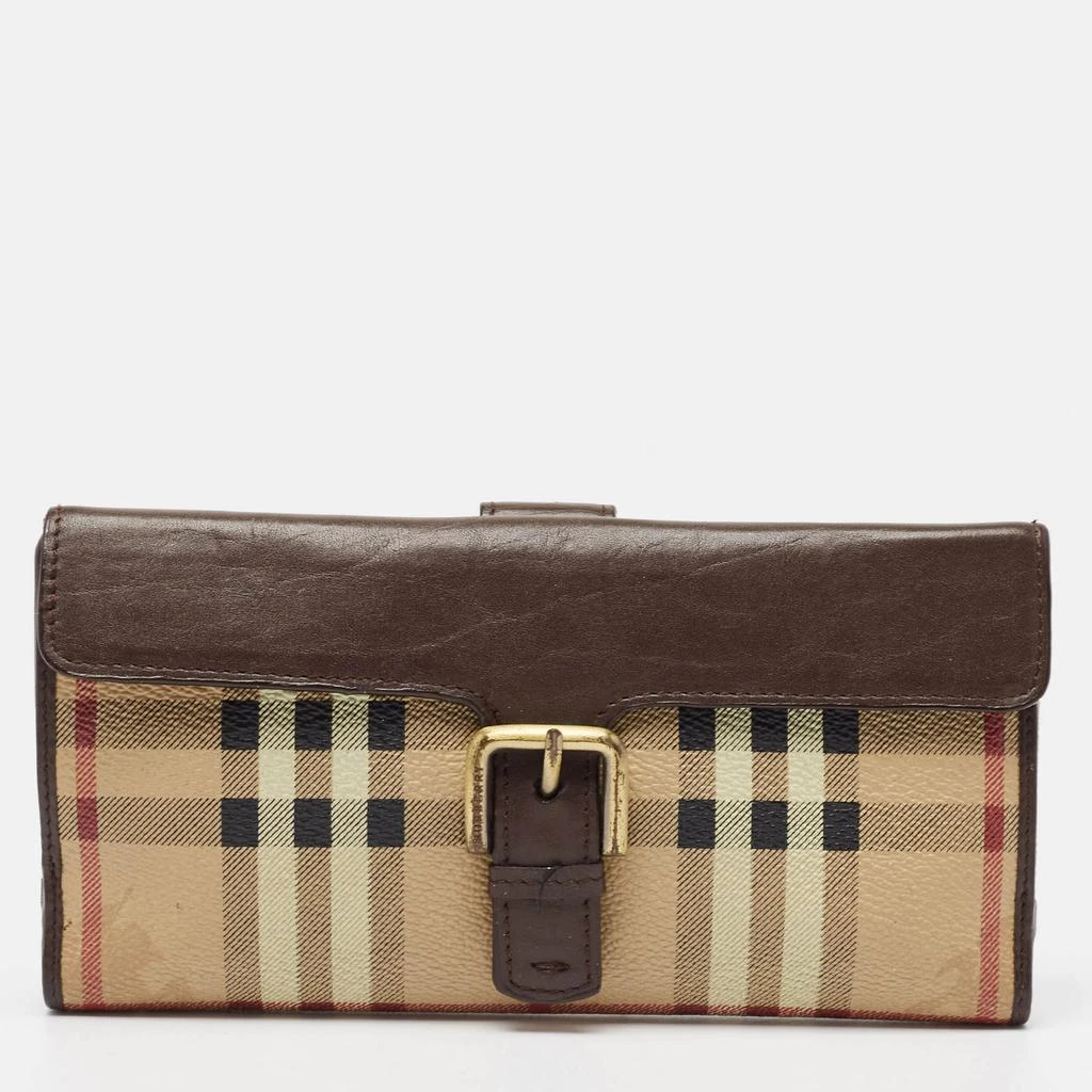 Burberry Burberry Brown/Beige Haymarket PVC and Leather Buckle Flap Continental Wallet 1