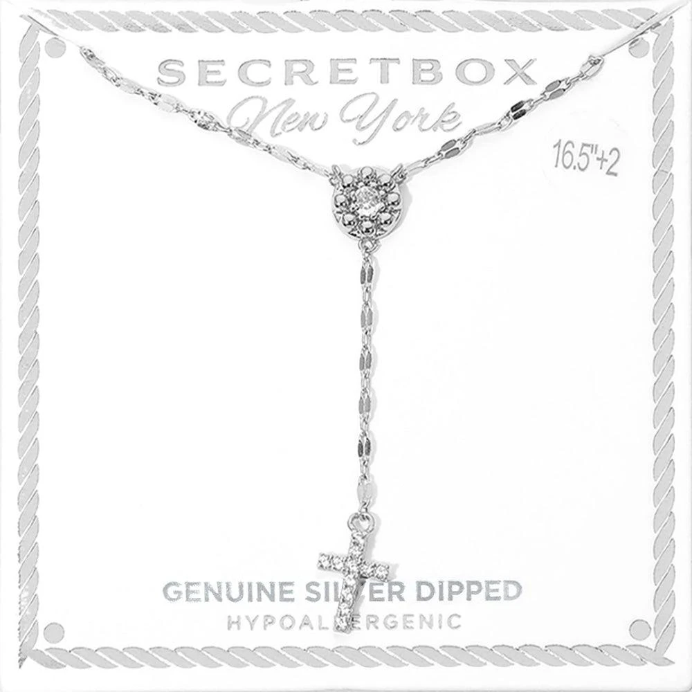 FASHNZFAB SECRET BOX_Genuine Silver Dipped Hypoallergenic Stone Pave Disc Accent Cross Drop Necklace