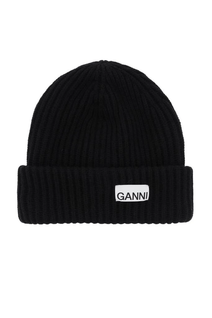 Ganni beanie hat with logo patch 1