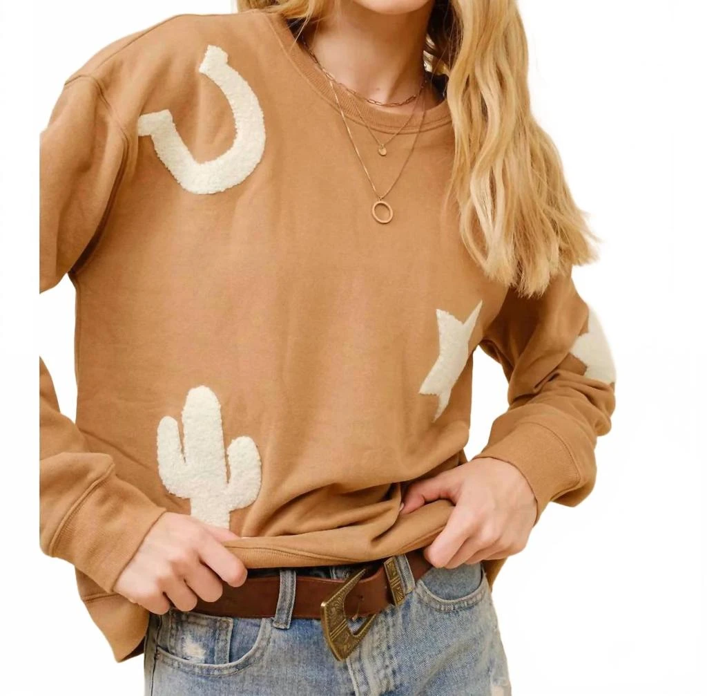 Blue B Western Patchwork Sweatshirt In Tan