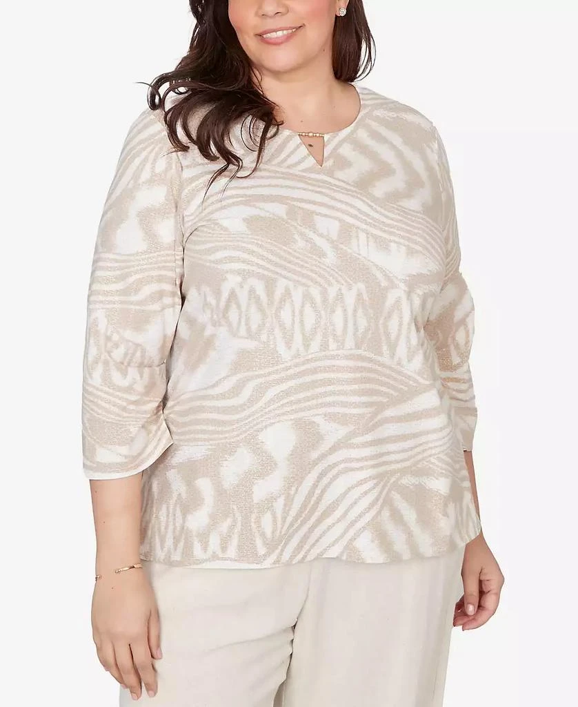 Alfred Dunner Plus Size Natural Wonder Animal Print Split Neck Beaded Top