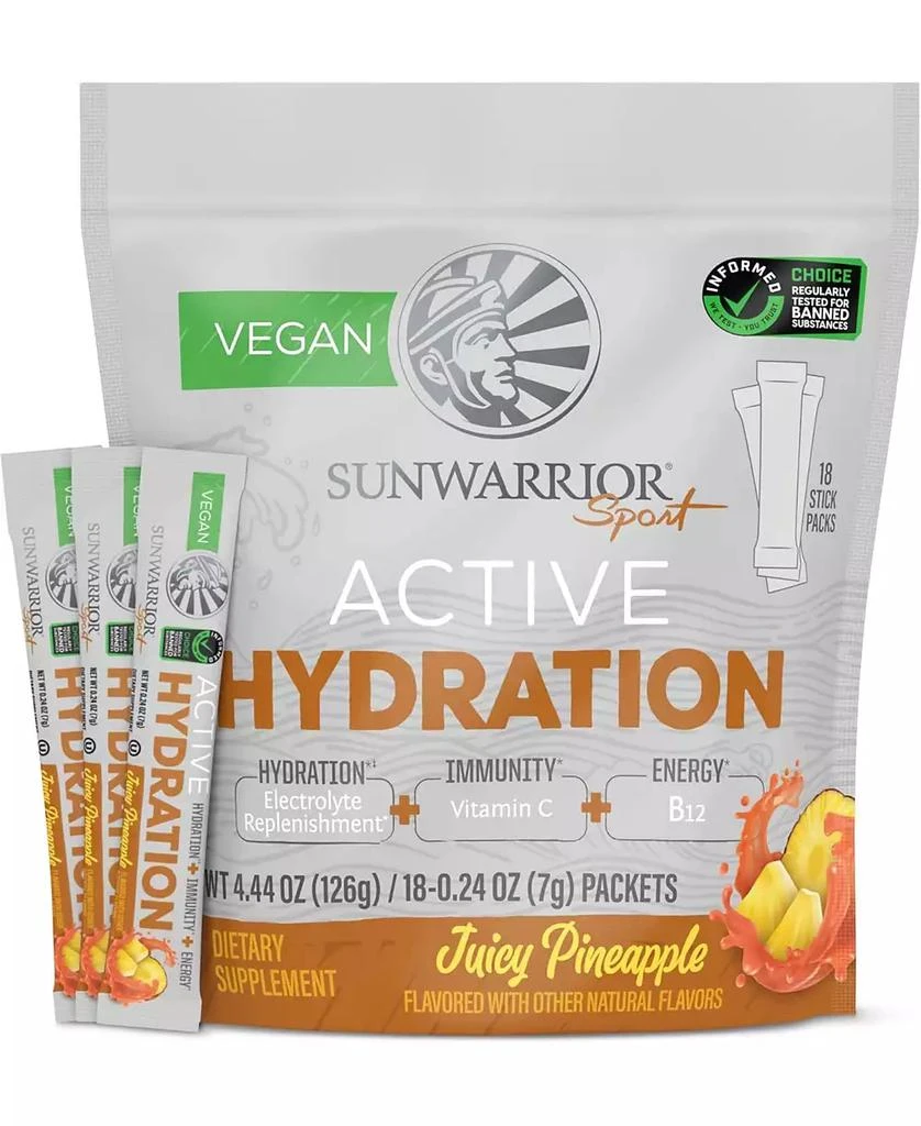 Sunwarrior Active Hydration Juicy Pineapple Powder, Sugar Free B12 Elderberry and Electrolytes Water Enhancer, Sunwarrior, 18 stick packs 126g pouch 1