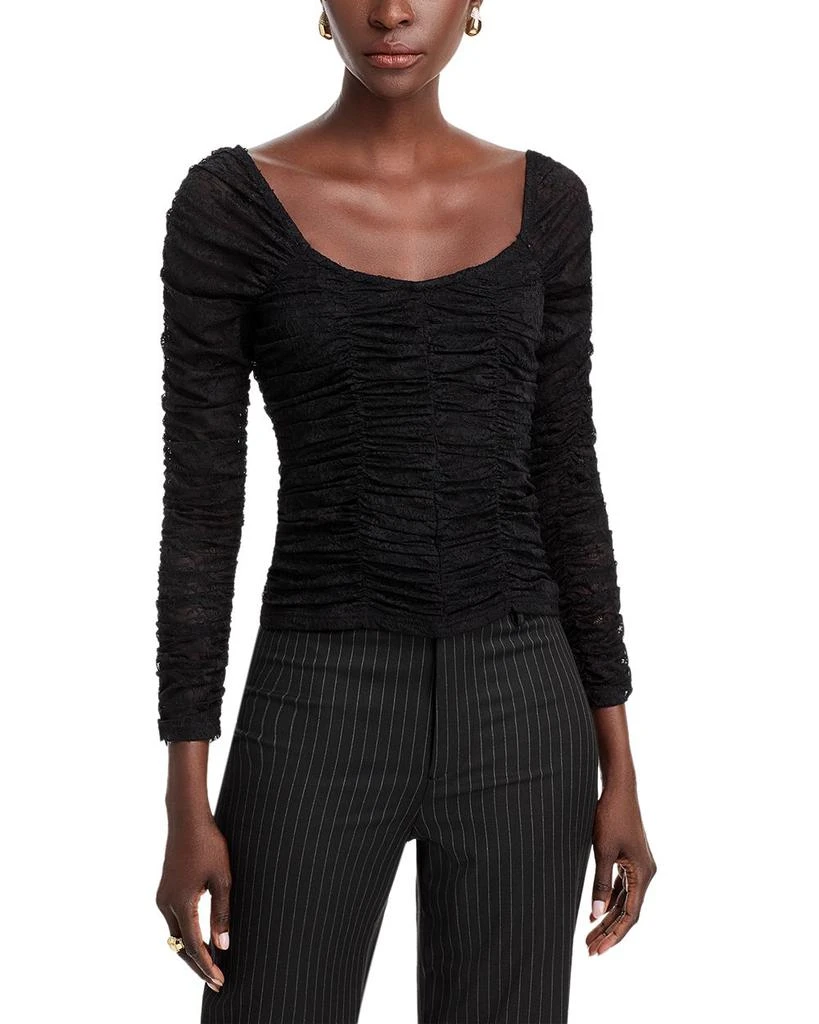 AQUA Mesh Lace Ruched Long Sleeve Top - Exclusive 1