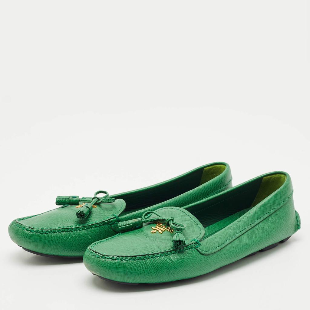 Prada Prada Green Saffiano Leather Bow Slip On Loafers Size 38