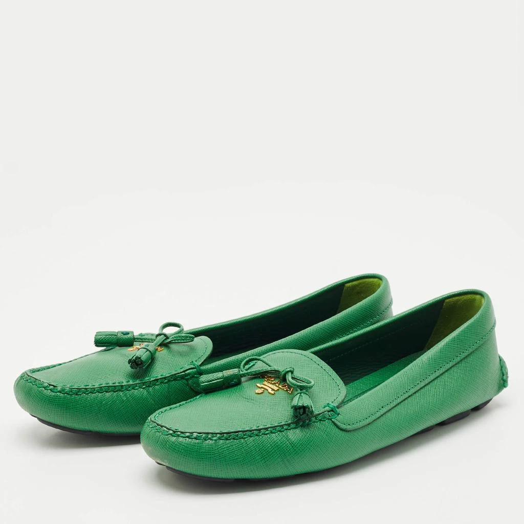 Prada Prada Green Saffiano Leather Bow Slip On Loafers Size 38 2