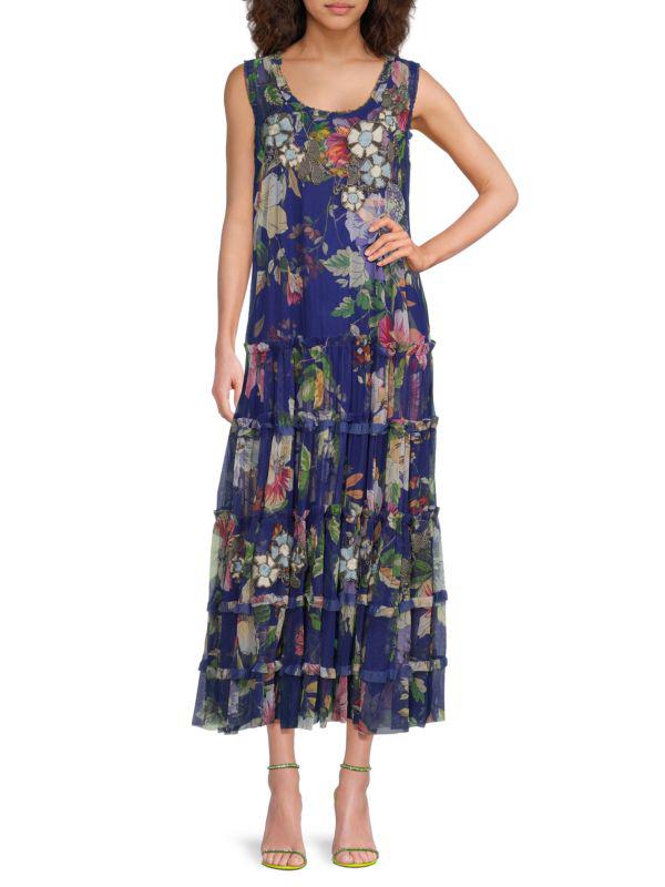 Johnny Was ​Mazzy Embellished Floral Tiered Maxi Dress