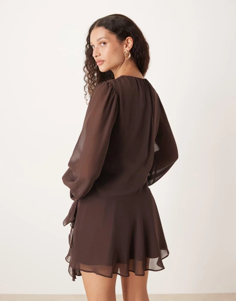 Abercrombie & Fitch Women's Long Sleeve Plunge Neck Wrap Front Mini Dress - Brown - Mini dresses