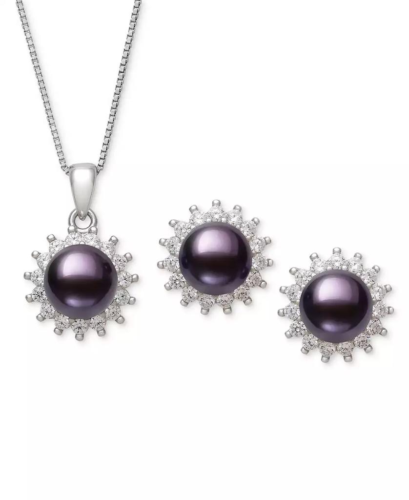 Belle de Mer Dyed Black Peacock Cultured Freshwater Pearl (6-7mm) & Lab-Created Sapphire (1-3/4 ct. t.w.) Pendant Necklace & Stud Earrings Set in Sterling Silver (also in Blush Pink)