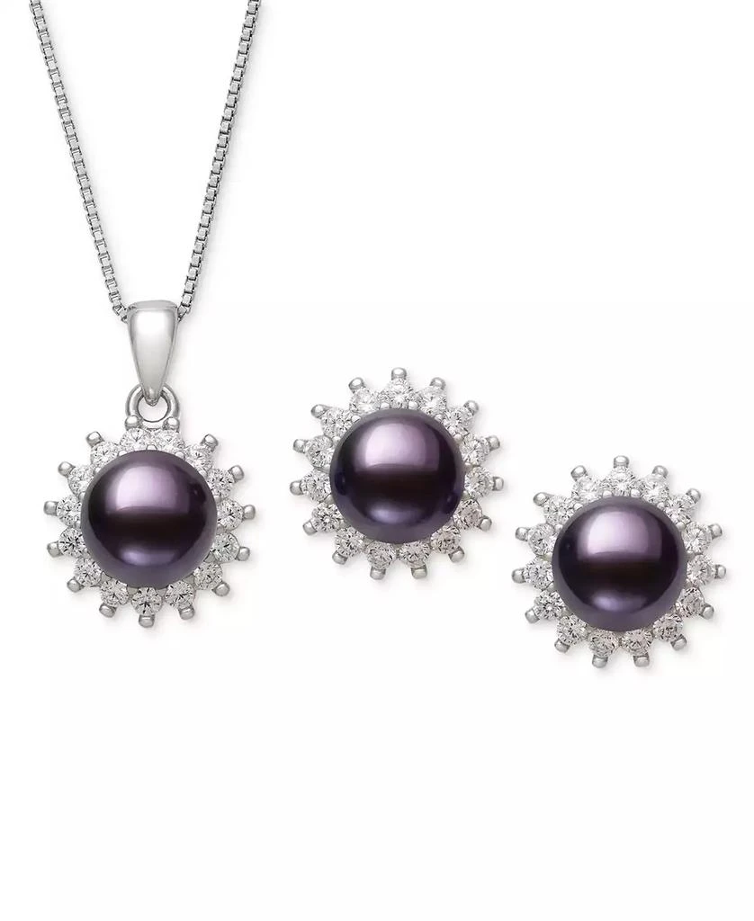 Belle de Mer Dyed Black Peacock Cultured Freshwater Pearl (6-7mm) & Lab-Created Sapphire (1-3/4 ct. t.w.) Pendant Necklace & Stud Earrings Set in Sterling Silver (also in Blush Pink) 1