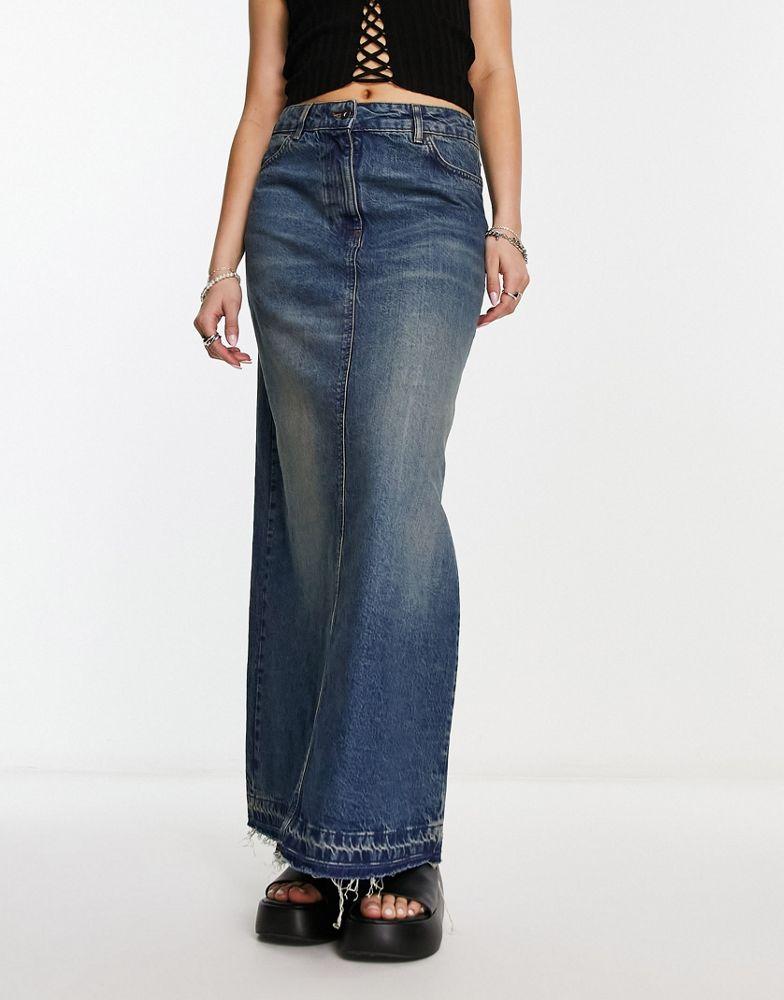 Collusion COLLUSION long maxi denim skirt in blue dirty wash