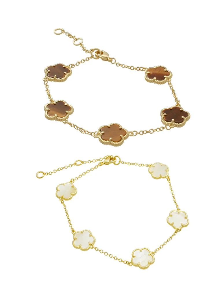 JanKuo Flower Set of 2 14K Goldplated Tiger Eye 
Mother-Of-Pearl Flower Bracelet Set