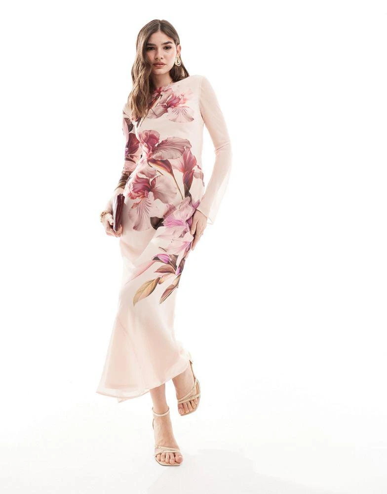 ASOS ASOS DESIGN long sleeve cream maxi dress with pink floral print 1