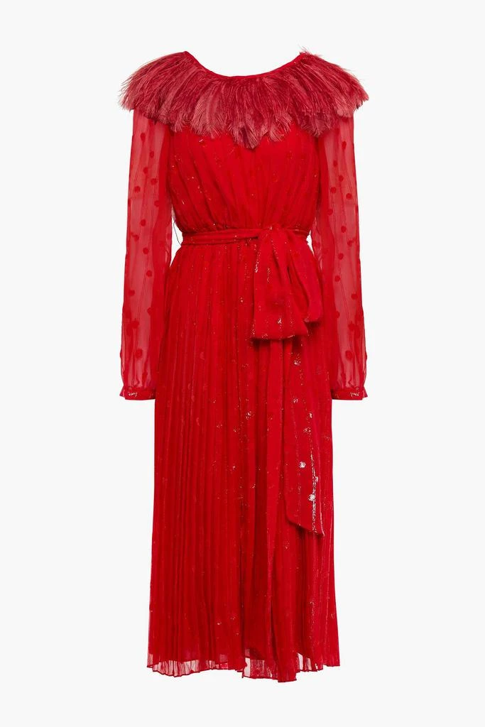 Feather-trimmed pleated fil coupé midi dress