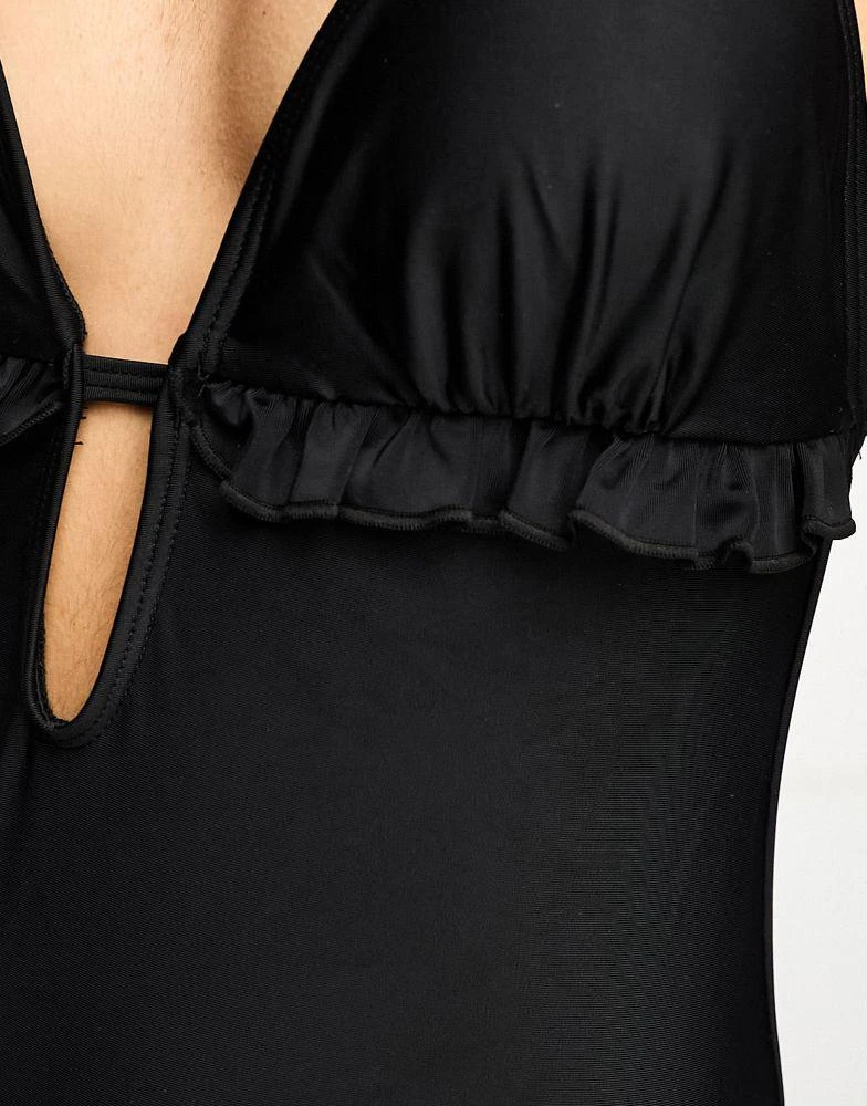 River Island River Island plunge frill swimsuit in black 2