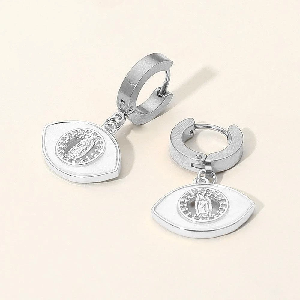 FASHNZFAB Stainless Steel Mother of Pearl CZ Stone Rim Virgin Mary Accent Evil Eye Charm Dangle Huggie Earrings 2