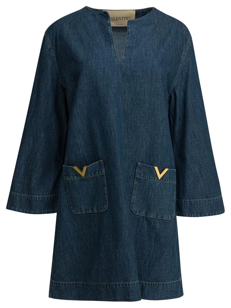 Valentino Valentino Logo Plaque V-Neck Denim Dress from Cettire