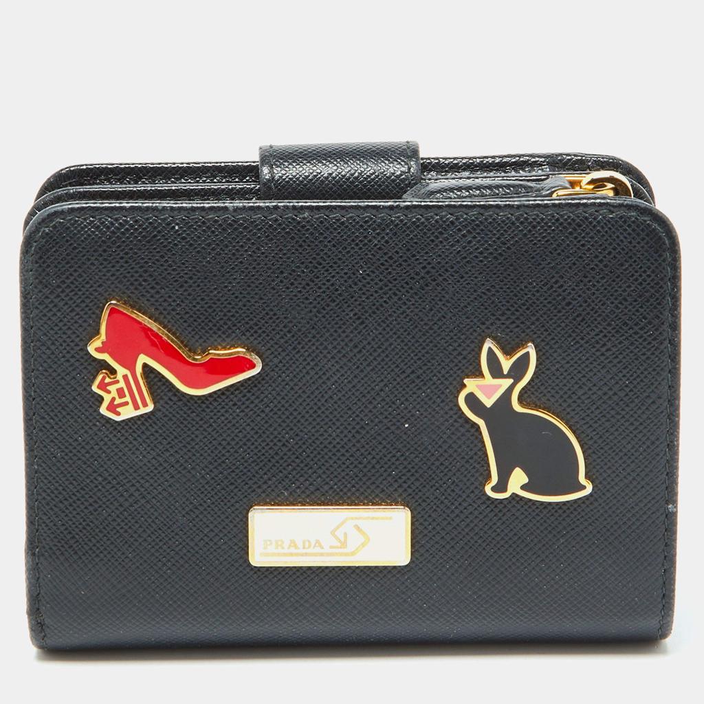 Prada Prada Black Saffiano Leather Rabbit Charm Embellished