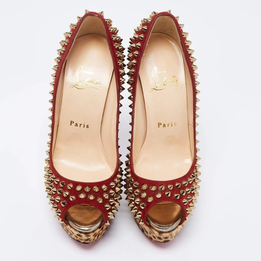 Christian Louboutin Christian Louboutin Beige/Maroon Leopard Print Calfhair and Suede Lady Peep Spikes Pumps Size 36 3