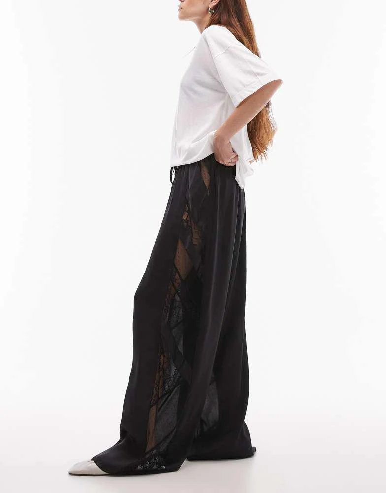 Topshop Topshop patchwork lace & crinkle satin wide leg trouser in black 1