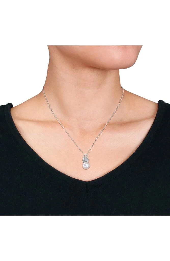 DELMAR Sterling Silver 11-12mm Cultured Freshwater Pearl Aquamarine Diamond Pendant Necklace - 0.07 ct. 2