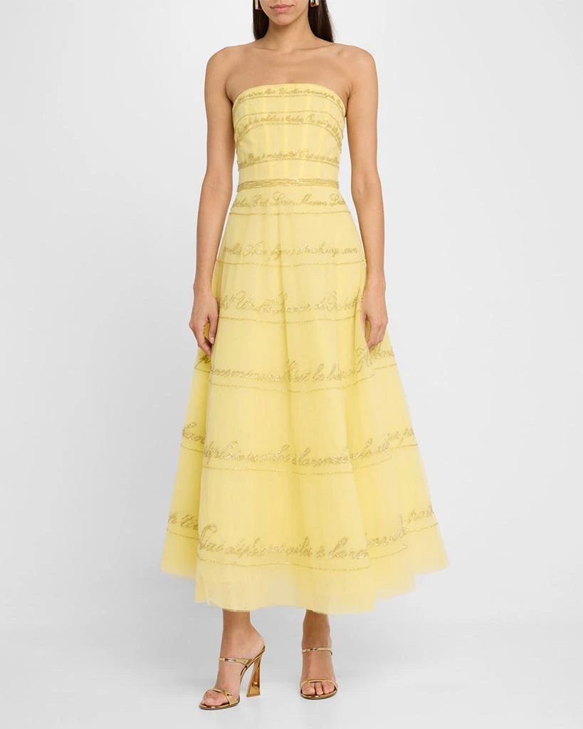 Pamella Roland Strapless Yellow Lyric Embroidered Tulle Ankle Dress 4